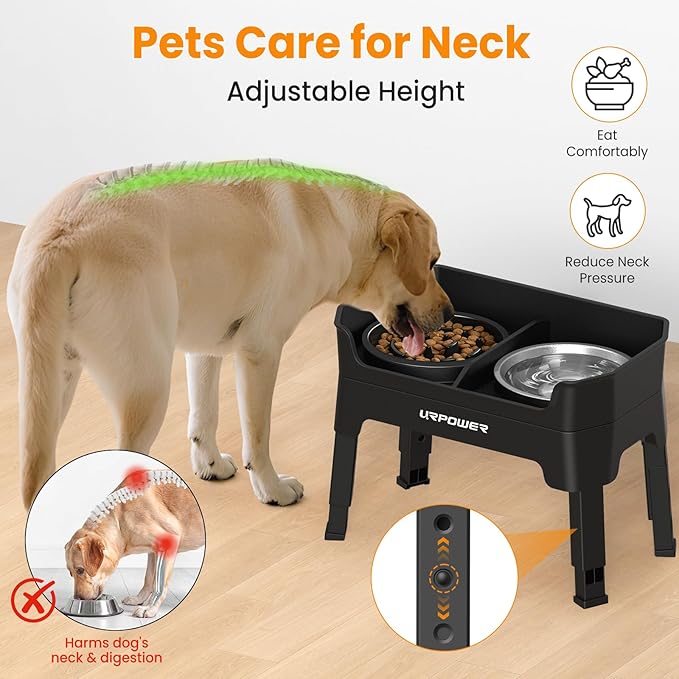 URPOWER 3-in-1 Elevated Dog Bowls with Slow Feeder & Licking Plate | 4 Height Adjustable Raised Stand with 2 Stainless Steel Food Bowls & Licking Plate for Small, Medium & Large Dogs