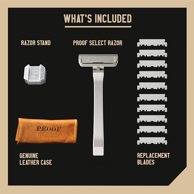 PROOF Select Single Blade Razor for Men with Pivoting Head Made in USA - CNC Machined Aluminum Easy Blade Replacement - Includes Genuine Leather Travel Case, Suction Cup Holder and Safety Razor Blades | Pivoting Head, CNC Machined Aluminum Metal Shaver...