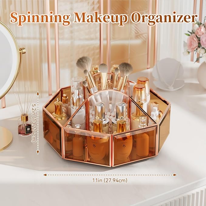 CoralHouse 360° Rotating Makeup Organizer Spinning Vanity Organizer with Makeup Brush Holder for Countertop, Bathroom Storage, Skincare, Perfume & Cosmetic Organizer for Vanity(Black)