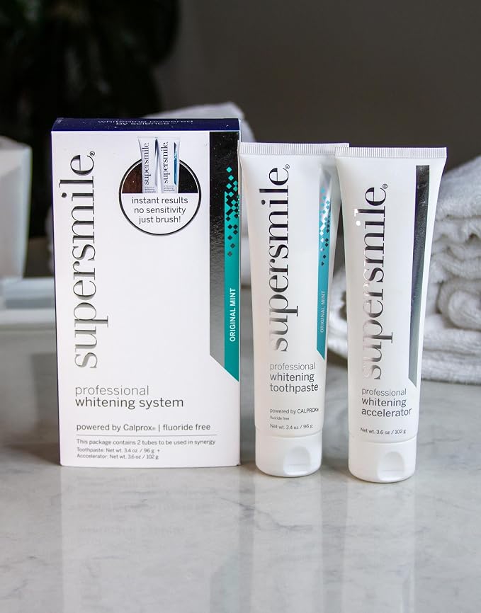 Supersmile Fluoride-Free Whitening System, 3.4 Oz Toothpaste + Accelerator | Whitens 3.6 Shades After 1 Day, RDA 65 Low Abrasion, Original Mint Flavor, Veneer Safe, Sensitivity-Free, SLS-Free