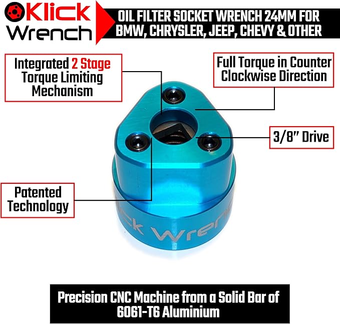 2 Stage 24mm Torque Limiting Oil Filter Wrench, Blue, 6061-T6 Aluminum