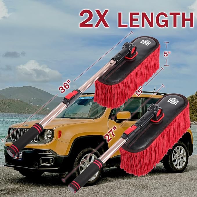 Car Duster Exterior with Extendable Handle, Scratch Free Auto Wash Brush Mop, Interior Detailing Kit for Truck RV Boat - Wax Cotton Duster & Interior Brush, Red