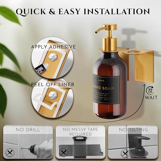 Shower Shampoo Dispenser Wall Mounted – Refillable 16.9 oz Amber Bottle with Stainless Steel Pump & No-Drill Adhesive Holder – Soap Dispenser for Bathroom (1 X Amber/Gold)
