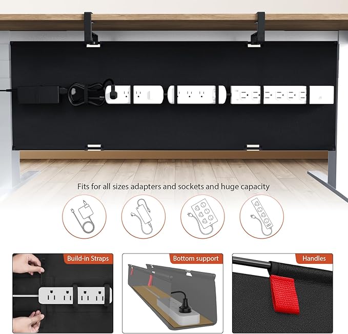 Univivi No Drill Under Desk Cable Management Tray, 48" Cord Organizer for Table, Clamp/Screw Mount Desk Cable Management, Premium Fabric Cable Management Tray for Office, Home (Extra Large)