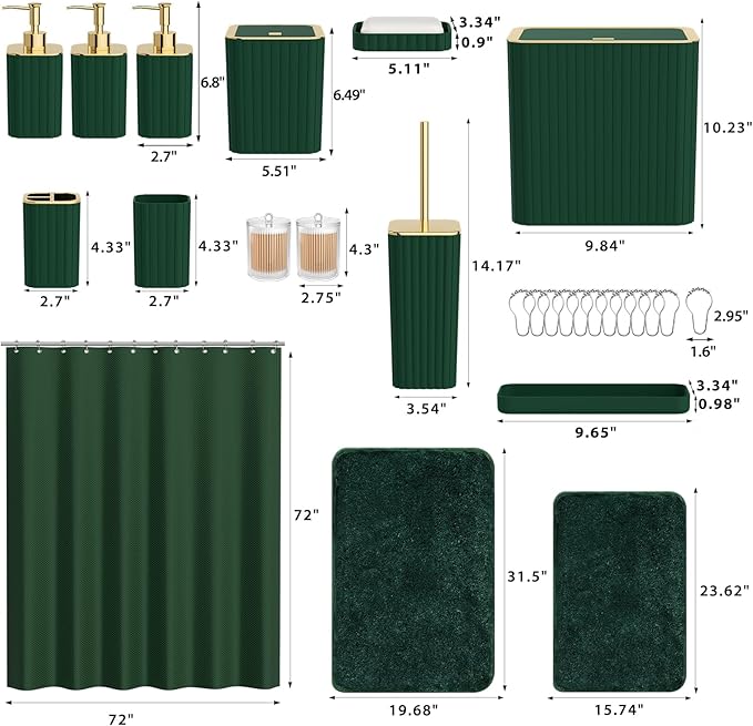 Bathroom Sets with Shower Curtain and Rugs - Elegant Bathroom Set, 27PC Bathroom Accessories Set, Green Bathroom Set, Mini Trash Can, Toilet Brush, Trash Can & Soap Dispenser
