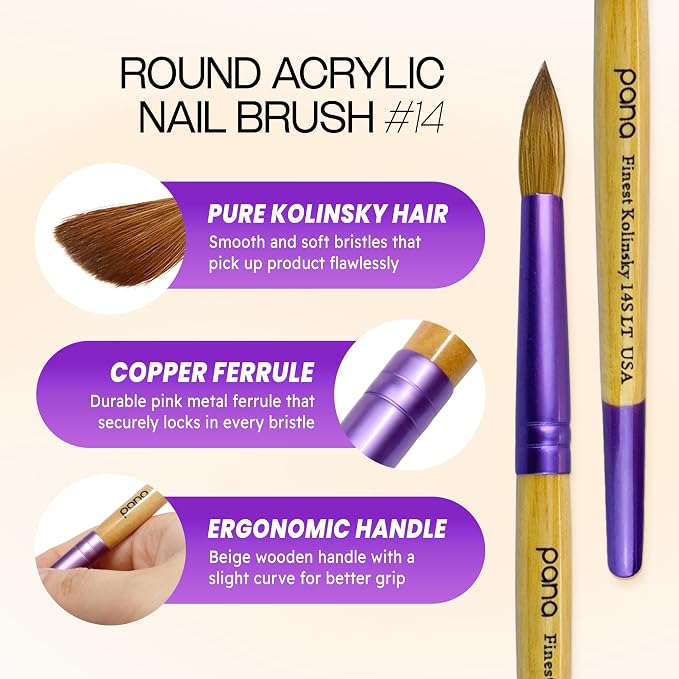 PANA Pure Kolinsky Hair Acrylic Nail Brush - Round Shape Purple Ferrule with Beige Wood Handle (Size 14) - Nail Brush for Acrylic Nail Application, Nail Extension, Manicure Pedicure Salon Beginner and