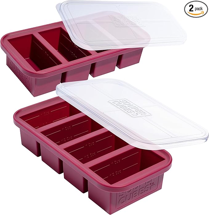 Souper Cubes 1 Cup Silicone Freezer Trays with Lids, Cranberry, 2-Pack | 100% Platinum-Cured Silicone Freezer Cubes, Oven and Microwave Safe, Perfect for Freezing Soup, Protein, Grains and More