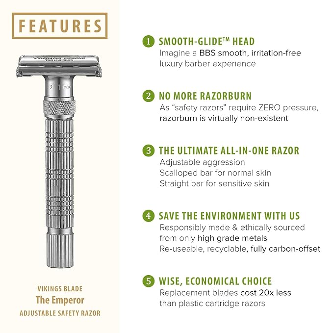 VIKINGS BLADE Adjustable Double Edge Safety Razor + Luxury Case. Smooth, Reusable, Eco-Friendly (The Emperor “Frosted Chrome”)