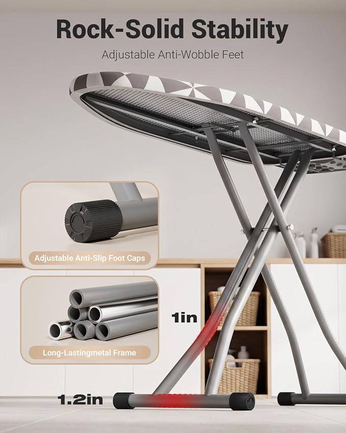 Ironing Board Full Size Wide Ironing Boards Adjustable with Cover and Pad | 5 Adjustable Heights, Feet Adjust For Uneven Floors, Cotton Cover, Large Wide Surface, Foldable Design, Thick Tube Frame