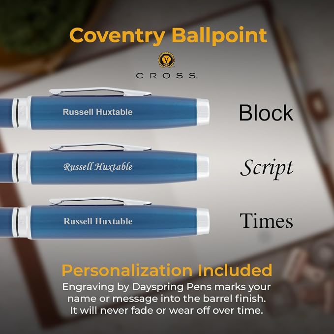 Cross Coventry Ballpoint Pen, Blue Lacquer with Chrome Trim, Custom Engraved — Graduation, Promotion, Office, or New Hire Gift