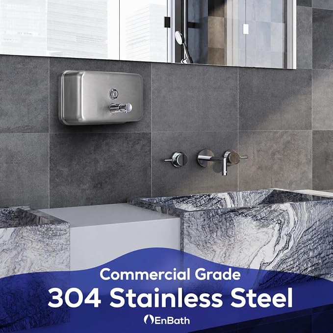 Horizontal Commercial Soap Dispenser Wall Mount, 304 Stainless Steel & Solid Brass Pump Core, Hand Soap Dispenser with Corrosion-Proof Lining for Bathrooms & Kitchens, 37oz/1100ml ADA Compliant