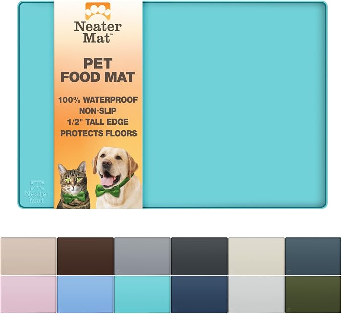 Neater Pet Brands Neater Mat Pet Mats for Food and Water, Cat & Dog Bowl Mat Waterproof Silicone, Feeding Tray, Dog Food Mats for Floors, Placemat w/Raised Edge for Under Bowls, 16” x 10”, Aquamarine