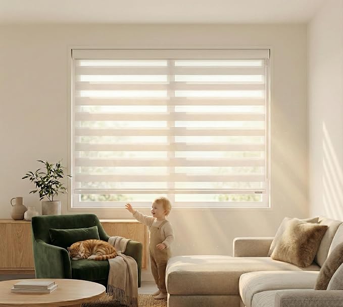ShadesU Cordless Zebra Blinds – Light Filtering Dual-Layer Window Shades for Privacy (Ivory Color) (Maximum Height 72") (Width 54")