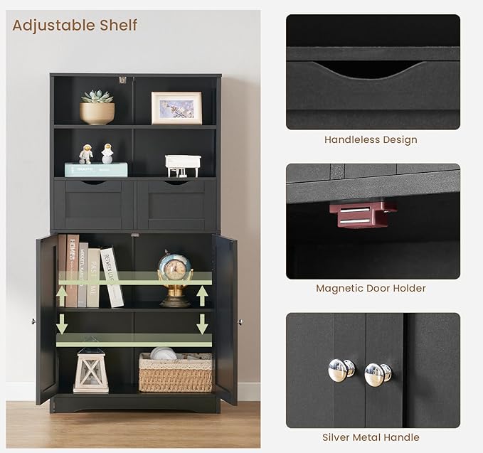 Iwell Tall Storage Cabinet, Black Storage Cabinet & Adjustable Shelves, Bathroom Cabinet for Living Room, Dining Room, Entryway, Black