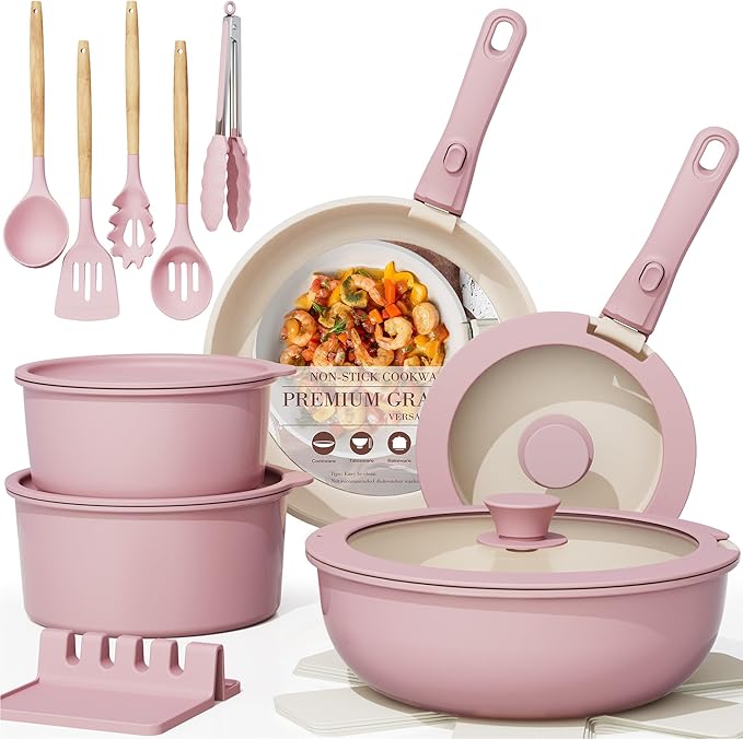 Astercook 21 Pcs Pots and Pans Set Non Stick, Ceramic Cookware Set Detachable Handle, RV Kitchen Cooking Set Removable Handles, Oven Safe, Induction Ready, Stackable, Pink, Fathers Day Gift for Men