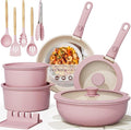 Astercook 21 Pcs Pots and Pans Set Non Stick, Ceramic Cookware Set Detachable Handle, RV Kitchen Cooking Set Removable Handles, Oven Safe, Induction Ready, Stackable, Pink, Fathers Day Gift for Men