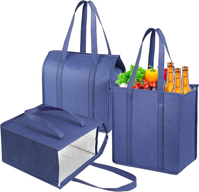 Reusable Grocery Bags 3 Pack Zippered Top Protable Cooler Bag Insulated Shopping Bags Foldable for Frozen Food, Groceries, Travel, Picnic, Camping&Beach Thermal Bag 12x7x13" with Comfort Handles