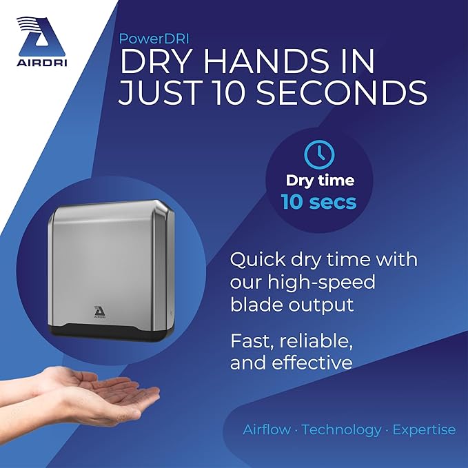 PowerDRI Automatic Hand Dryer - .8kW Low Energy Motor - 10-Sec. Dry Time - H13 HEPA Filter - 75dBA Noise Output - ADA Compliant - Ideal for High-Traffic Businesses and Venues - Stainless Steel