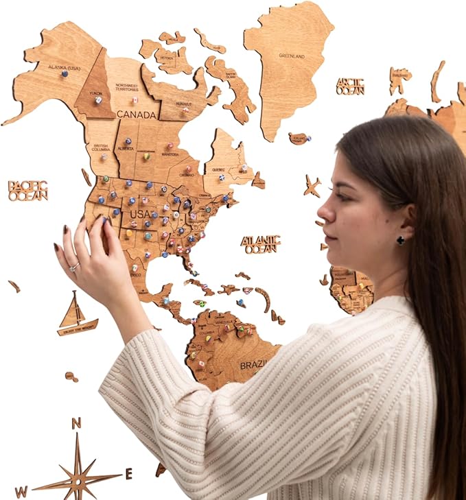 Enjoy The Wood 3D Wood World Map Wall Art Large Wood Wall Décor Housewarming Gift Idea Art World Travel Map For Home & Kitchen or Office (Small, Oak)