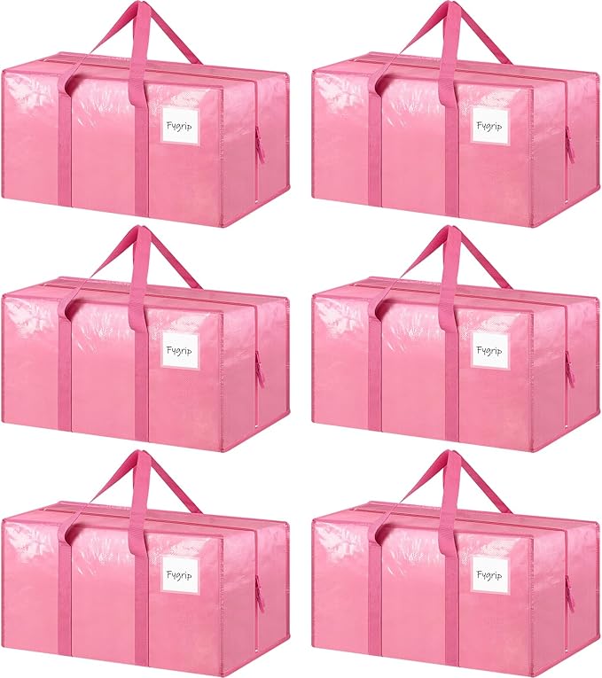 6 Pack Extra Heavy Duty Large Moving Bags with Strong Zipper, Pink | Comfortable Handles, Sturdy & Durable Clothes Storage Bags Totes Bins, Blue Packing Moving Boxes for College Supplies