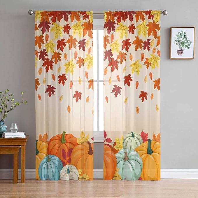 Thanksgiving Fall Chiffon Semi-Sheer Curtain 108 Inch,Autumn Pumpkins Maple Leaves Rod Pocket Voile Window Curtain Panels,Orange Watercolor Tulle Curtains Drape for Living Room/Sliding Door, 104"x108"