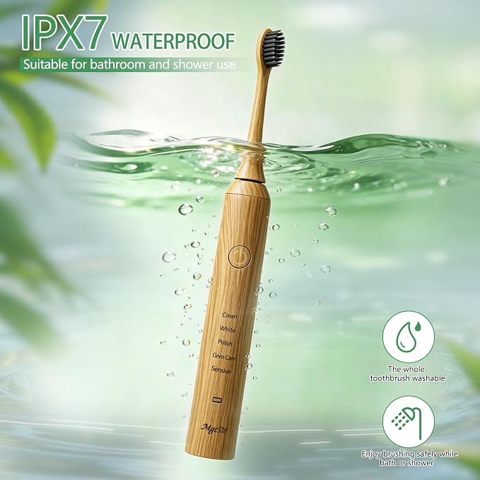 Natural Bamboo Electric Toothbrush for Adults | 4 Pack Bamboo Replacement Brush Heads, 5 Cleaning Modes, Long-Lasting Battery, PX7 Waterproof, Rechargeable