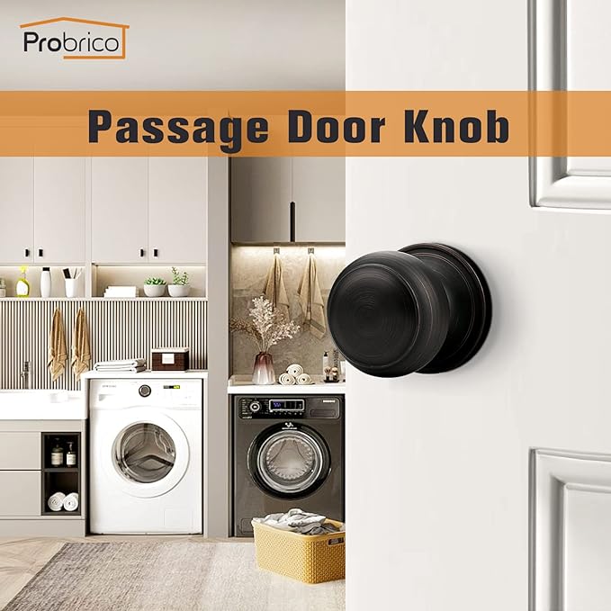 Probrico Passage Door Knobs, Keyless Interior Door Knobs, Closet Hallway Door Handles, Oil Rubbed Bronze, Ball Style, 2 Pack