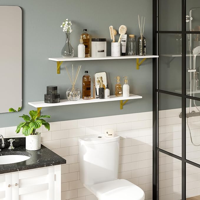 DINZI LVJ Long Wall Shelves, Set of 4, 39.4Inch Wall Mounted Shelves, Floating Shelves for wall Storage with Metal Brackets, for Living Room, Bathroom, Bedroom, Kitchen, White and Gold