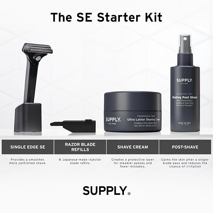 SUPPLY Single Edge SE Shaving Starter Kit for Men – Includes Safety Razor in Matte Black, 8 Black Label Blade Refills and Shaving Cream 3.4 oz & Post Shave Lotion 2 oz in Sandalwood & Cedar