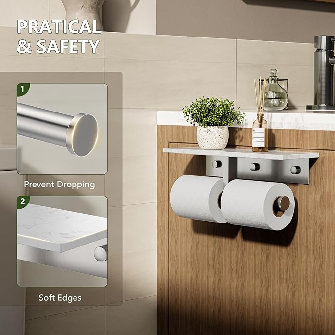 Marble Toilet Paper Holder with Shelf,Doulble Bathroom Tissue Roll Holder,304 Stainless Steel Toilet Paper Holder Wall Mounted,Modern Tissue Holder for Bathroom Washroom,Brushed Nickel