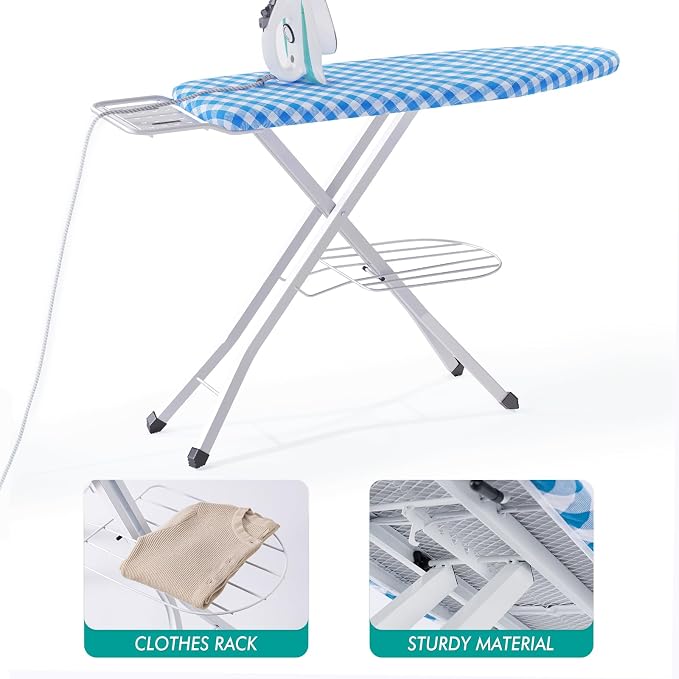 BKTD Ironing Board, Heat Resistant Cover Iron Board with Steam Rest, Non-Slip Foldable Ironing Stand. Heavy Sturdy Metal Frame Legs Iron Stand(13 * 34 * 53 Inches) (Blue White)