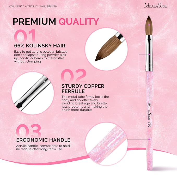 MelodySusie Kolinsky Acrylic Nail Brush,66% Kolinsky Hair,Professional Nail Art Brush for Acrylic Application, Aurora Collection Fine Glitter Brush, Size 10