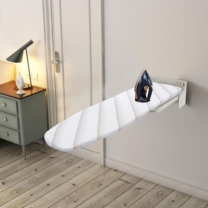 Wall Mounted Ironing Board Folding Ironing Board Wall Mount Hidden Space Saving 180 Fold Away Ironing Boardwith Heat Resistant Cover for Home Laundry Room Dorm, 37.40"x11.81", White