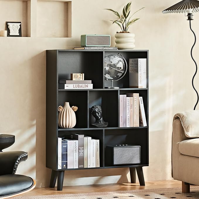 LEYAOYAO Cube Bookshelf, Mid-Century Modern Book Shelf with Legs, Black | 3 Tier Bookcase, Rustic Wood Bookshelves Freestanding Small Storage Organizer, Open Shelves for Bedroom, Living Room, Office