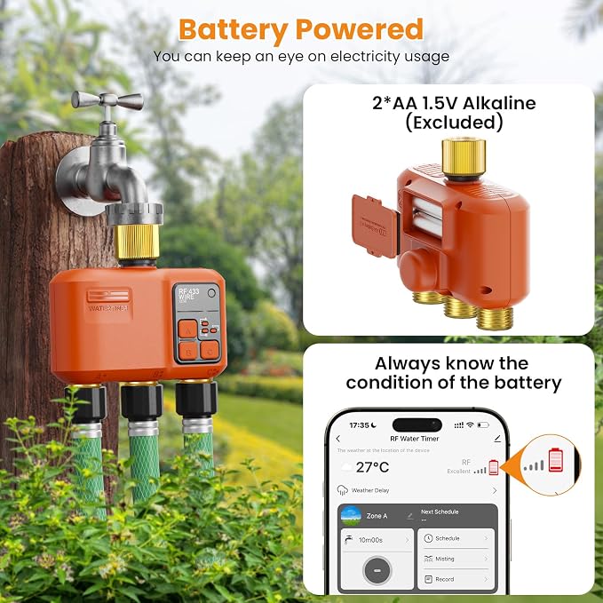 WiFi Water Timer for Garden Hose 3‑Zone, Smart Hose Timer with 984ft Long‑Range & Strong Wall‑Penetration, APP & Control,Voice Control, Rain Delay & Manual Mode, Brass Inlet & Outlet