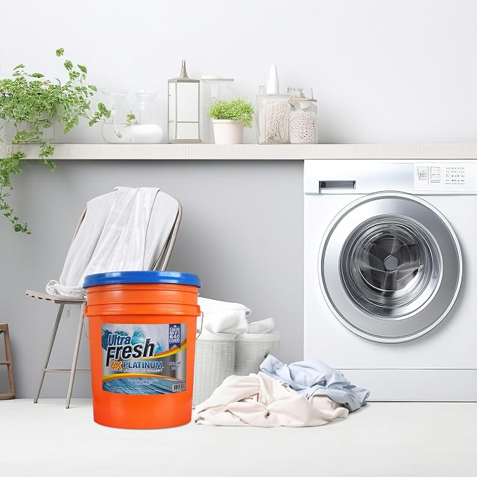 Ultra Fresh 6X Platinum Laundry Detergent, 5 Gallon, Bundled with Spring Fresh Fabric Softener and Pump, Up to 640 Loads, Orange/Blue