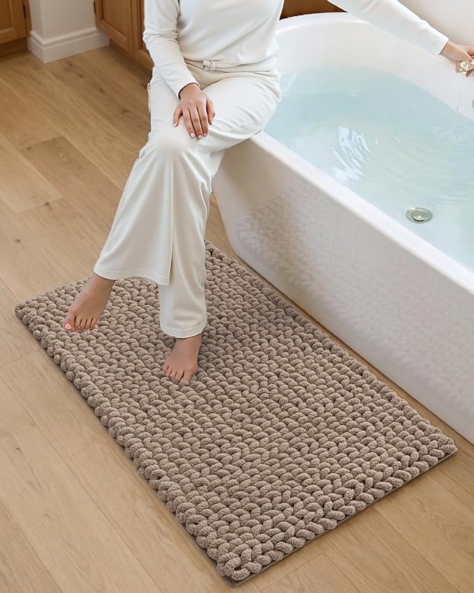 DEXI Bathroom Rugs 43x24, Non Slip Washable Bath Mat, Luxury Chenille Super Absorbent Ultra Thick Bathmats for Shower Floor, Plush Fluffy Shaggy Carpet for Tub, Taupe