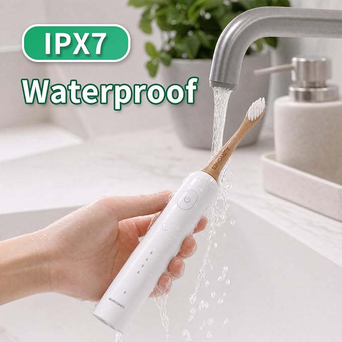 Ultrasonic Oscillating Electric Toothbrush with Bamboo Heads | Wave Bamboo Electric Toothbrush with Smart Timer, Sweeping & Vibrating, 4 Modes, IPX7 Waterproof, 90-Day Battery Life
