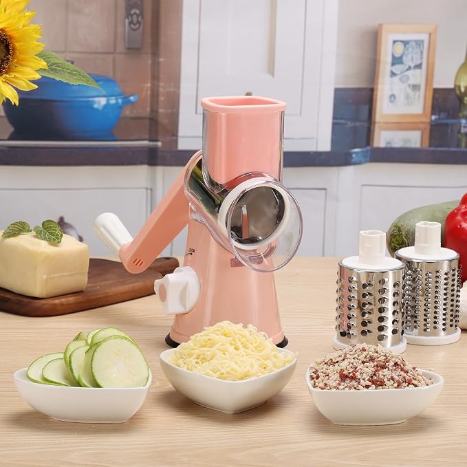 Cambom Rotary Cheese Grater Hand Crank Cheese Shredder for Fresh Cheese, Vegetable, Nuts,Non-slip Suction Base，Three Blades,Pink