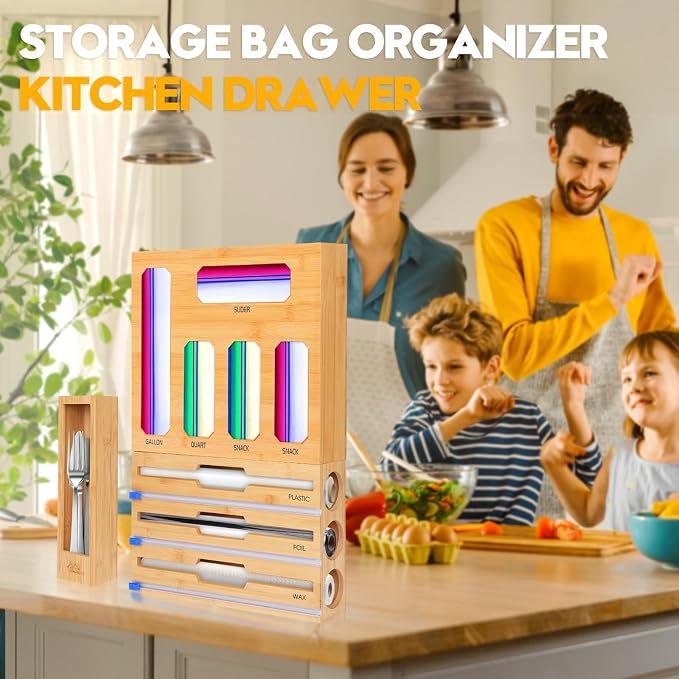Bamboo Ziplock Bag Organizer for Kitchen Drawer & Wall Mount, Food Storage Baggie Holder, Fits Gallon Quart Sandwich Snack Freezer & Slider Bags, No Assembly, 9 in 1,Natural Color