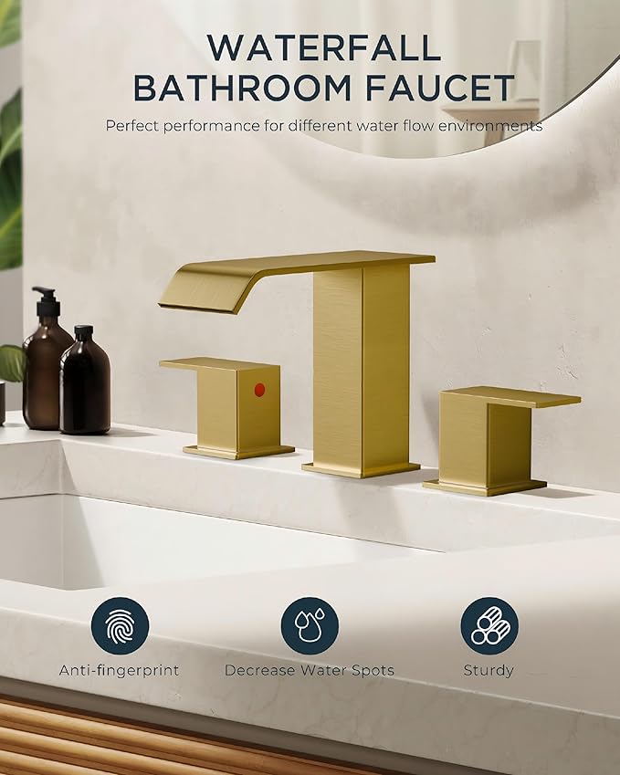 FORIOUS Brushed Gold Bathroom Sink Faucets 3 Hole Widespread, 2 Handles Bathroom Faucet with Pop-up Drain and Flexible Hot and Cold Water Hoses, Suitable for Vanity RV Restroom
