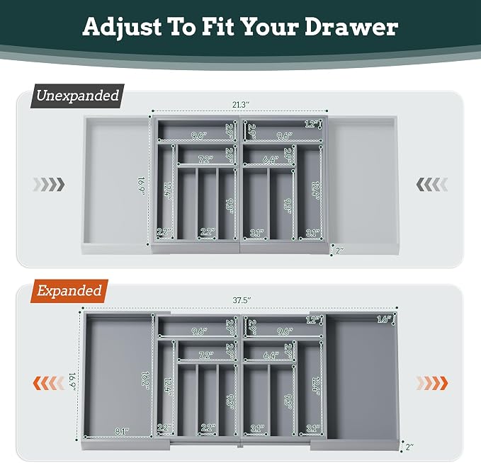 Silverware Organizer Large, Magnetic Connected Expandable 13 Slots Silverware Drawer Organizer from 21 to 37.4 Inches, Adjustable Flatware and Cutlery Holder, Bamboo Utensil Tray for Kitchen Gray