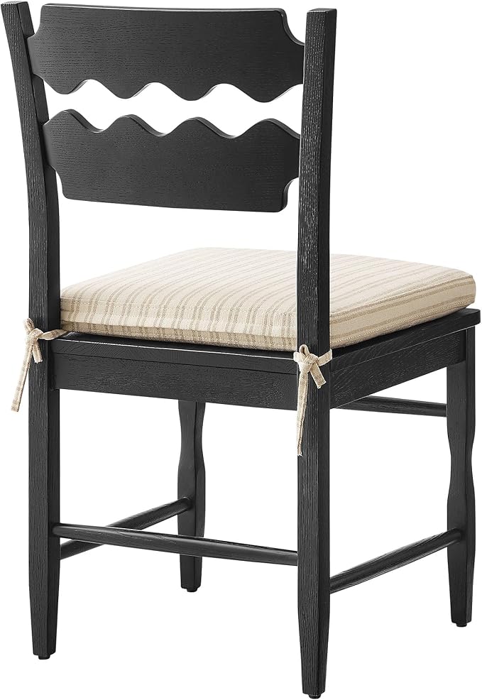 Modway Jax Vintage Inspired Oak Wood Dining Chair with Wavy Razor Back in Black Oatmeal Stripe - Armless Side Chair with Fabric Seat Cushion for Dining Room, Kitchen, Or Accent Seating