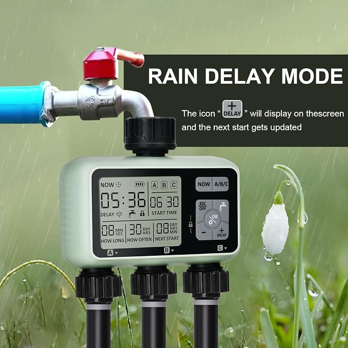 Watering Timer 3 Zone, Sprinkler Timer, Programmable Garden Outdoor Hose Faucet Timer with Rain Delay, Auto & Manual Watering System,Water Hose Irrigation Timers 3 Outlet for Garden Lawn