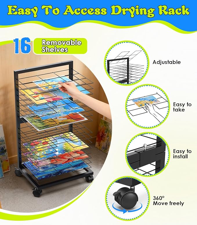 Art Drying Rack 0.138" Thickened Paint Drying Rack Concave Painting Racks with 4 Casters, 3lbs Load Capacity Wire Paint Drying Stand for Classroom Art Studios, Schools, Preschool