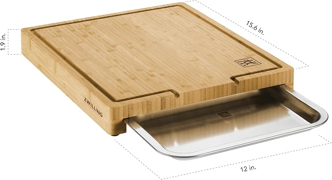 ZWILLING BBQ+ Cutting Board with Stainless Steel Tray, Bamboo Wood, 15.5-inch x 12-inch