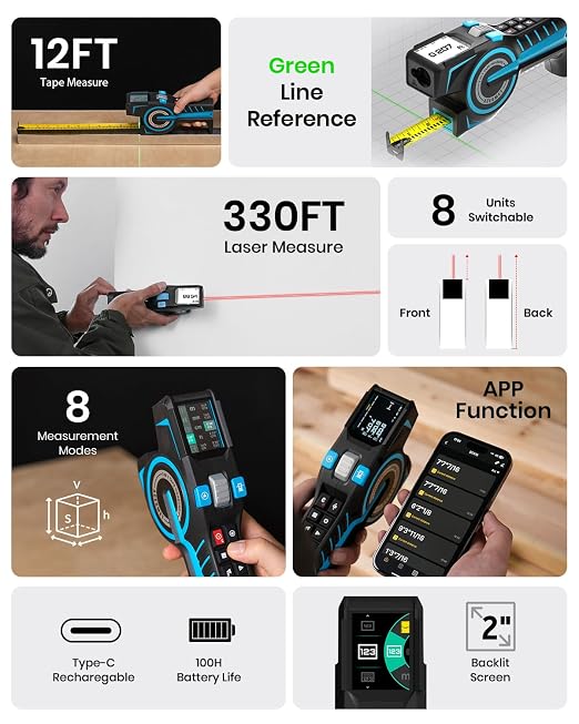 ACEGMET Digital Tape Measure 12ft Tape ±1.5mm & 330Ft Laser Distance Meter | Smart App Sync, USB-C Recharge 8H Battery, 8 Measuring Modes, Green Laser Alignment, 2" IPS Display, 30 Data Memory