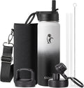 Coolflask Water Bottle 24 oz Insulated with Straw, Stainless Steel Metal 3 Lids Water Flask Wide Mouth for Sports or Office, Non-BPA Keep Cold Up to 48 Hrs or Hot Up to 24 Hrs, White & Black