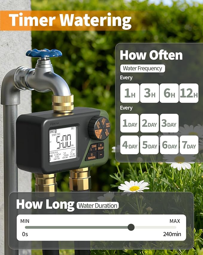 Brass Hose Timer 2 Outlets for Outdoor Watering, Diivoo IP66 Waterproof Programmable Sprinkler Timer with Large Digital Display, Rain Delay & Manual Watering for Garden Lawn Yard Automatic Irrigation