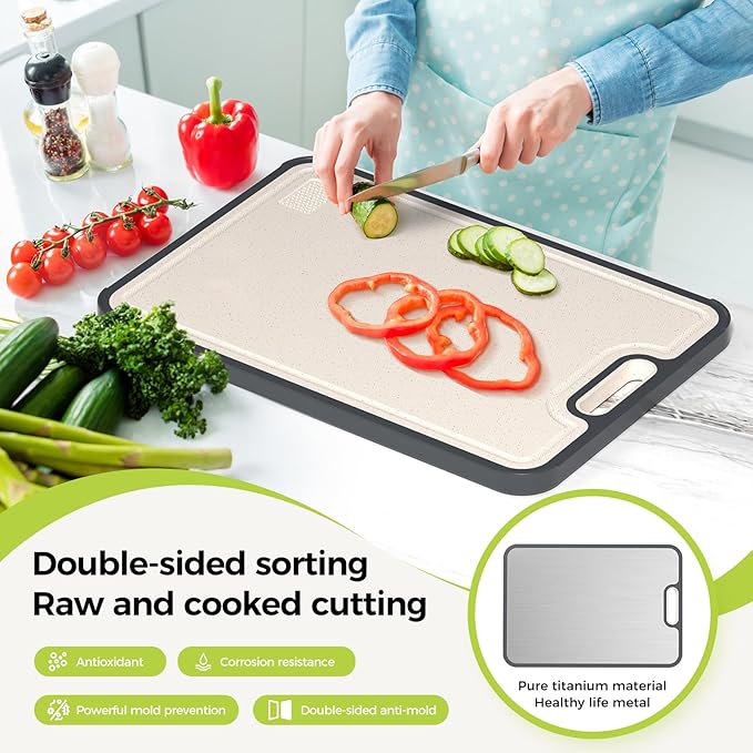 Titanium Cutting Board Double Sided Food Grade, Pure Titanium/PP for Kitchen, Cutting Board Easy to Clean[15.5”*10.5”+12”*8.5”]